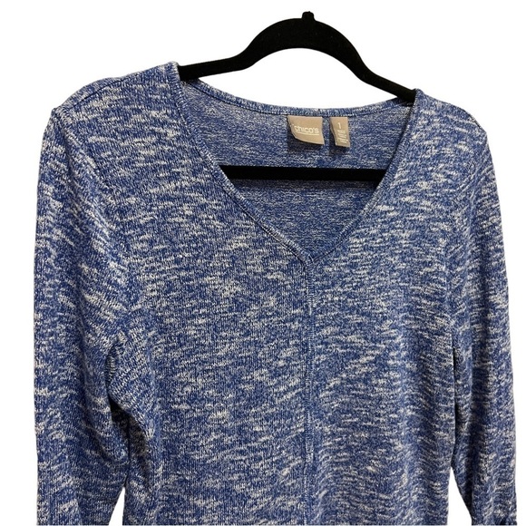 Chicos Blue White Knit 3/4 Sleeve Sweater Rolled Cuff, Size 1 - Picture 3 of 10